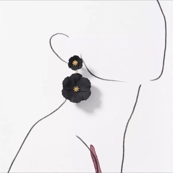 Black Double Flower Earrings - Picture 4 of 7